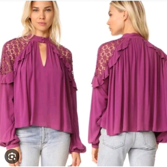 Free People Womens Medium Top Little Bit of Love Ruffle Raspberry Pink Lace - Picture 11 of 12